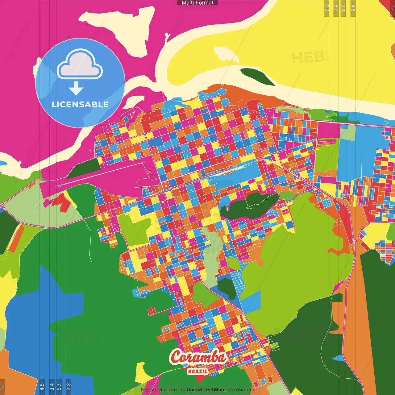 Corumba, Brazil Crazy Colorful Street Map Poster Template