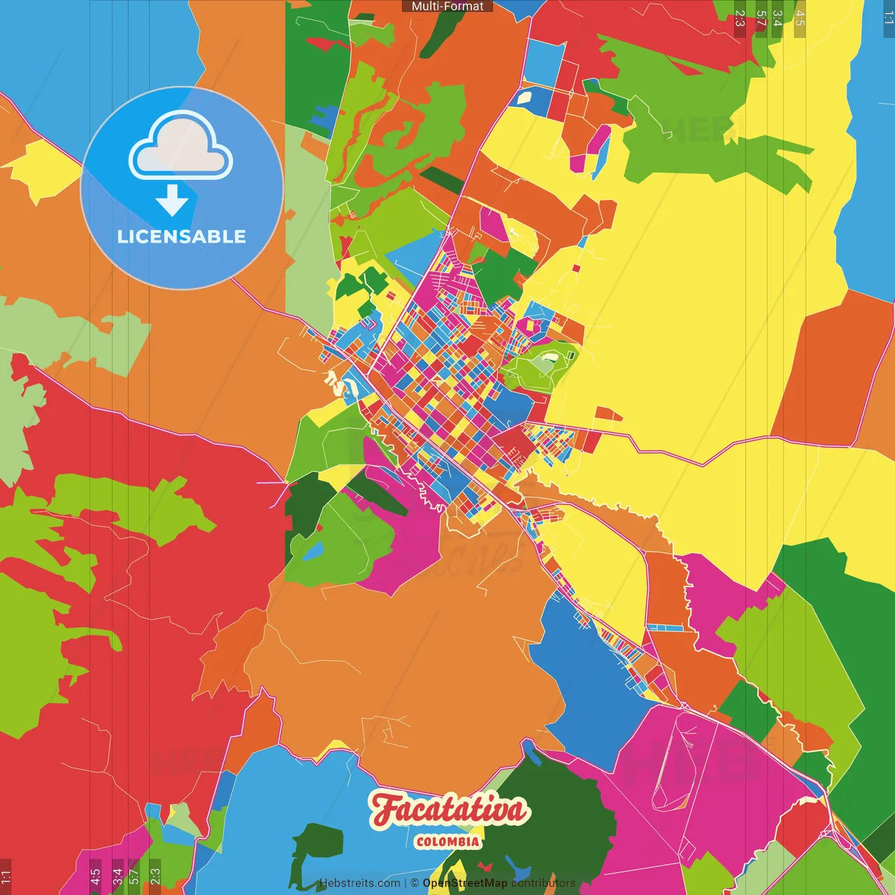 Facatativa, Colombia Crazy Colorful Street Map Poster Template