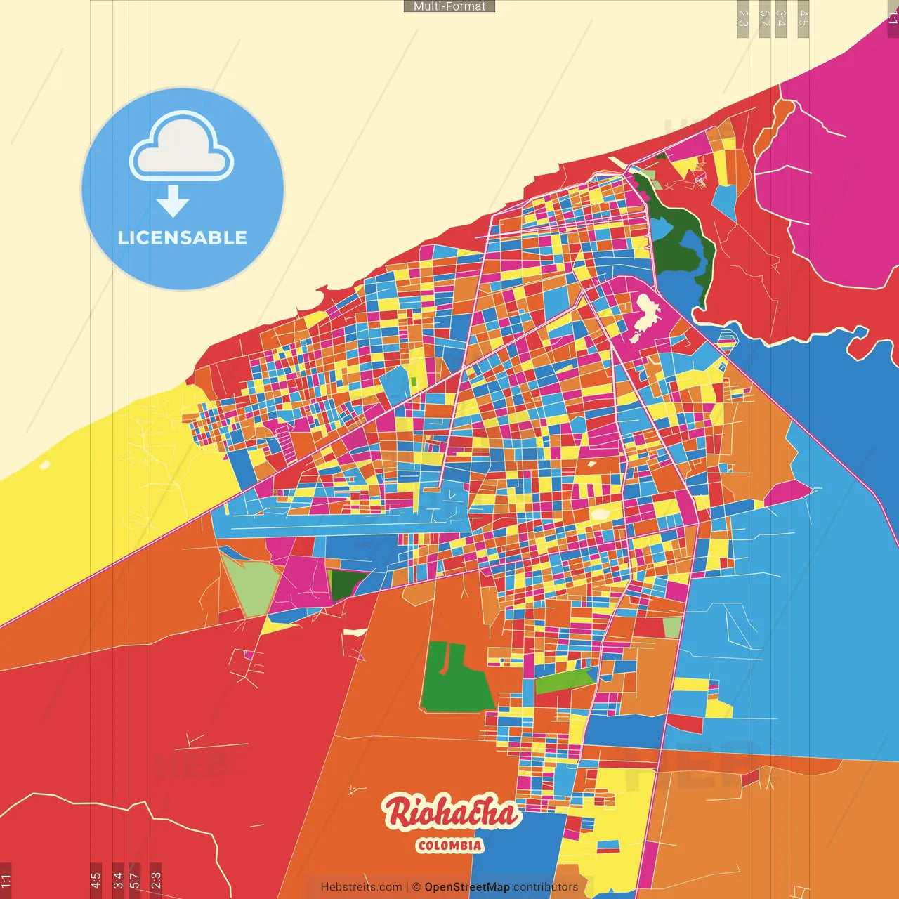 Riohacha, Colombia Crazy Colorful Street Map Poster Template