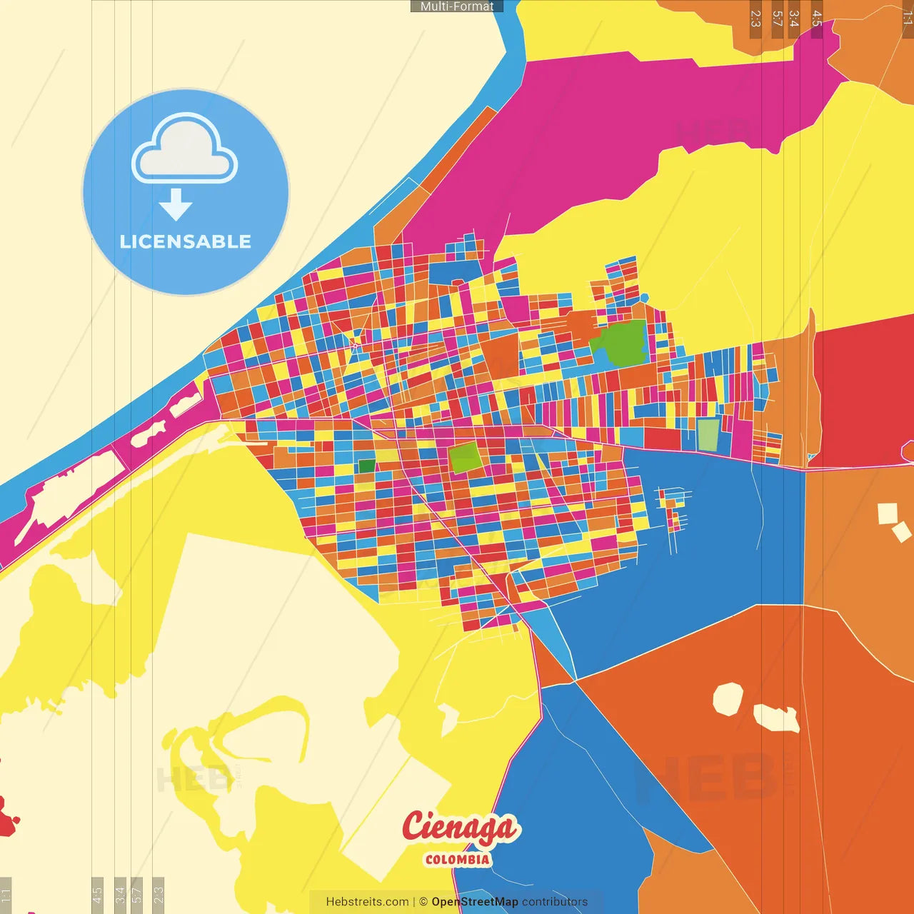 Cienaga, Colombia Crazy Colorful Street Map Poster Template