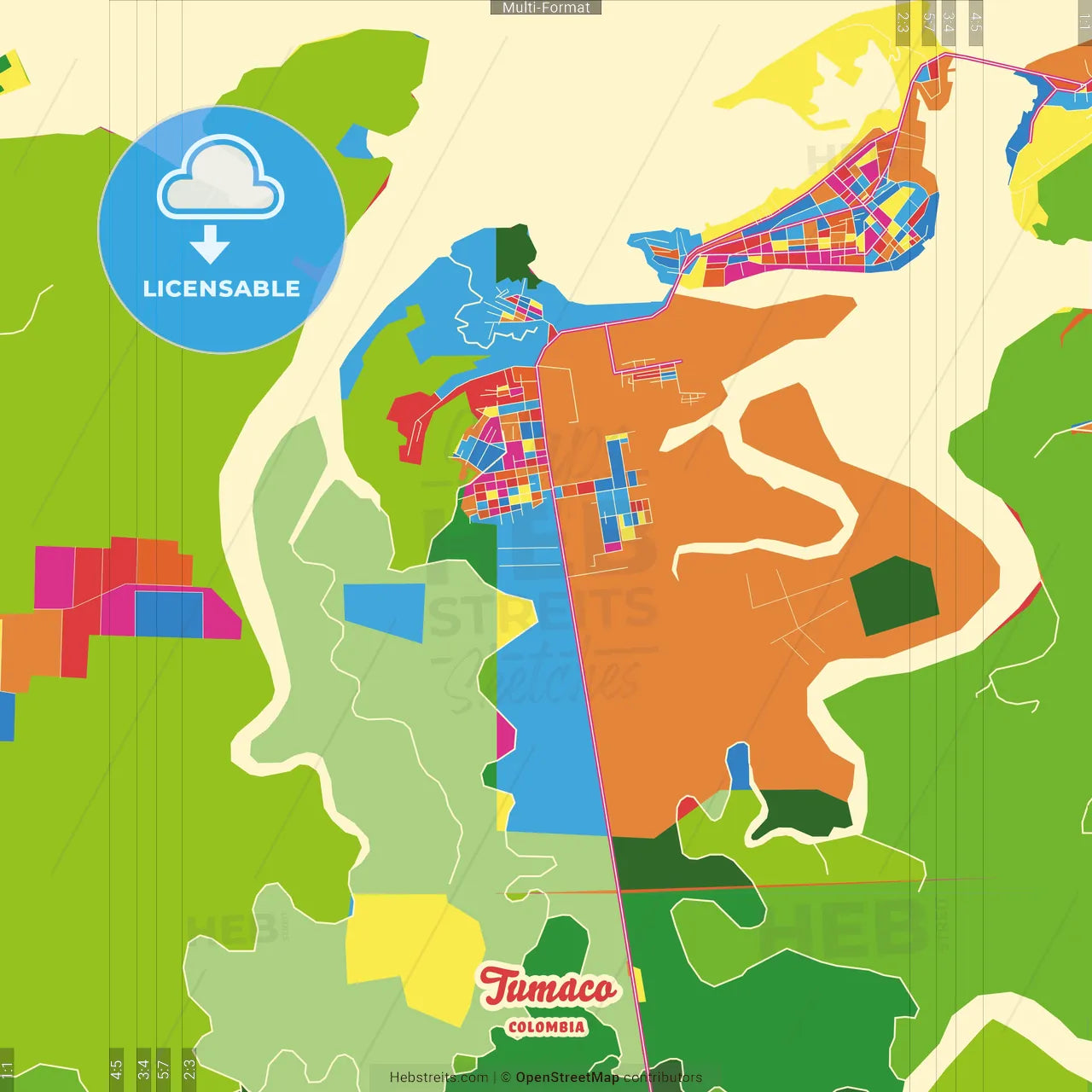 Tumaco, Colombia Crazy Colorful Street Map Poster Template