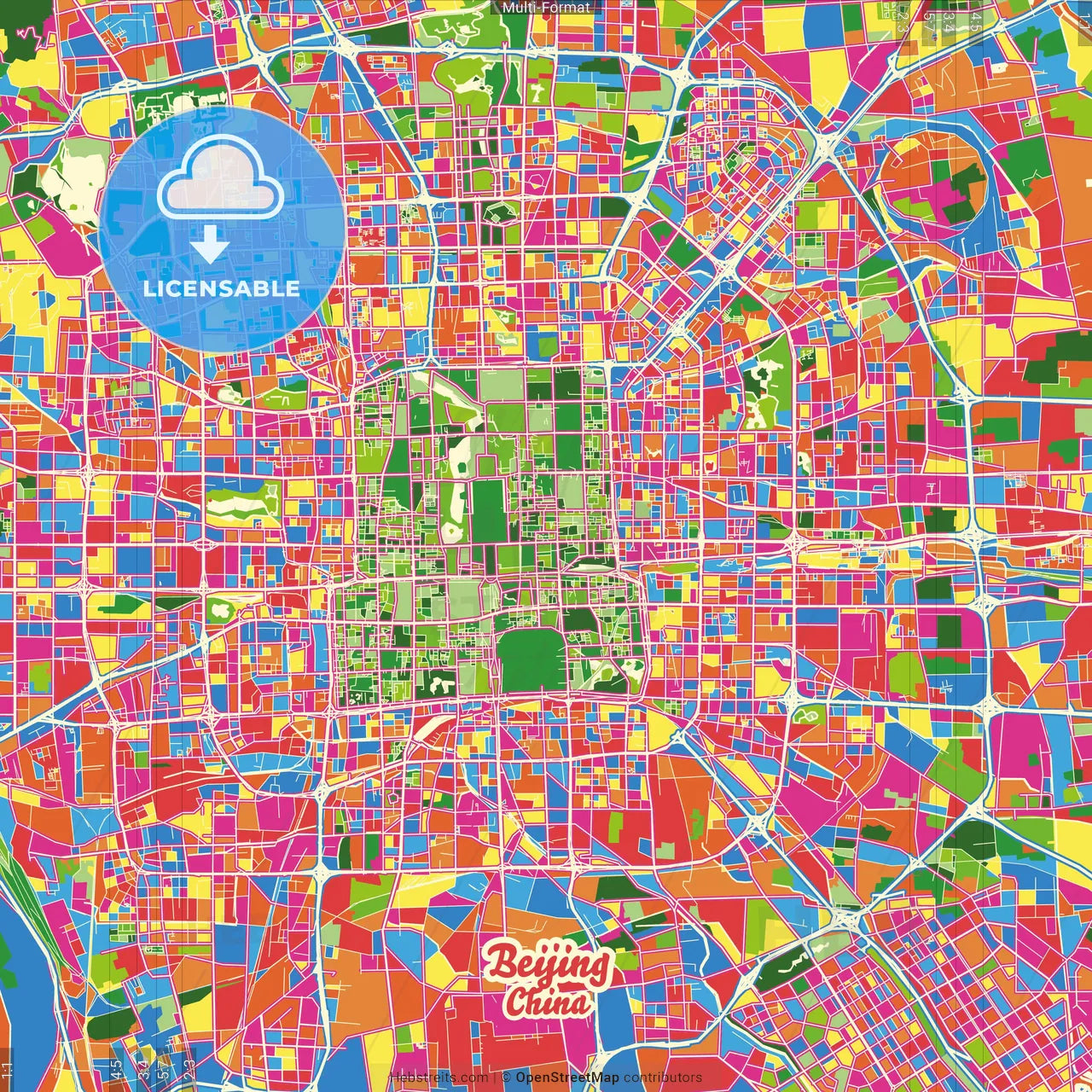 Beijing, China Crazy Colorful Street Map Poster Template