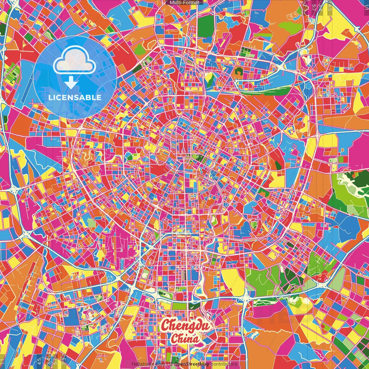 Chengdu, Sichuan, China Crazy Colorful Street Map Poster Template