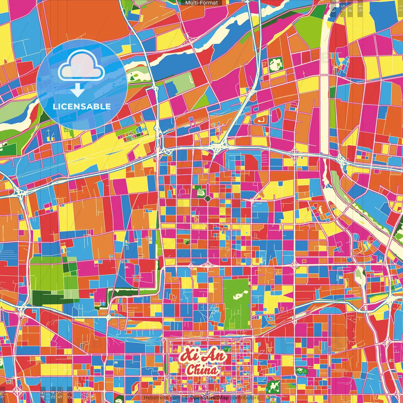 Xi an, Shaanxi, China Crazy Colorful Street Map Poster Template