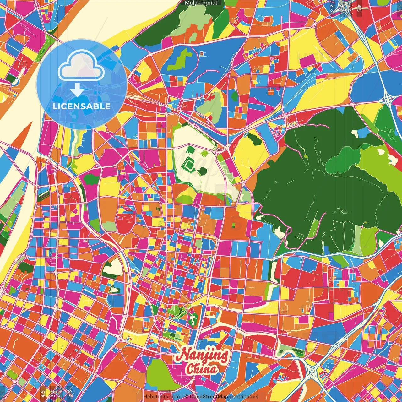 Nanjing, Jiangsu, China Crazy Colorful Street Map Poster Template