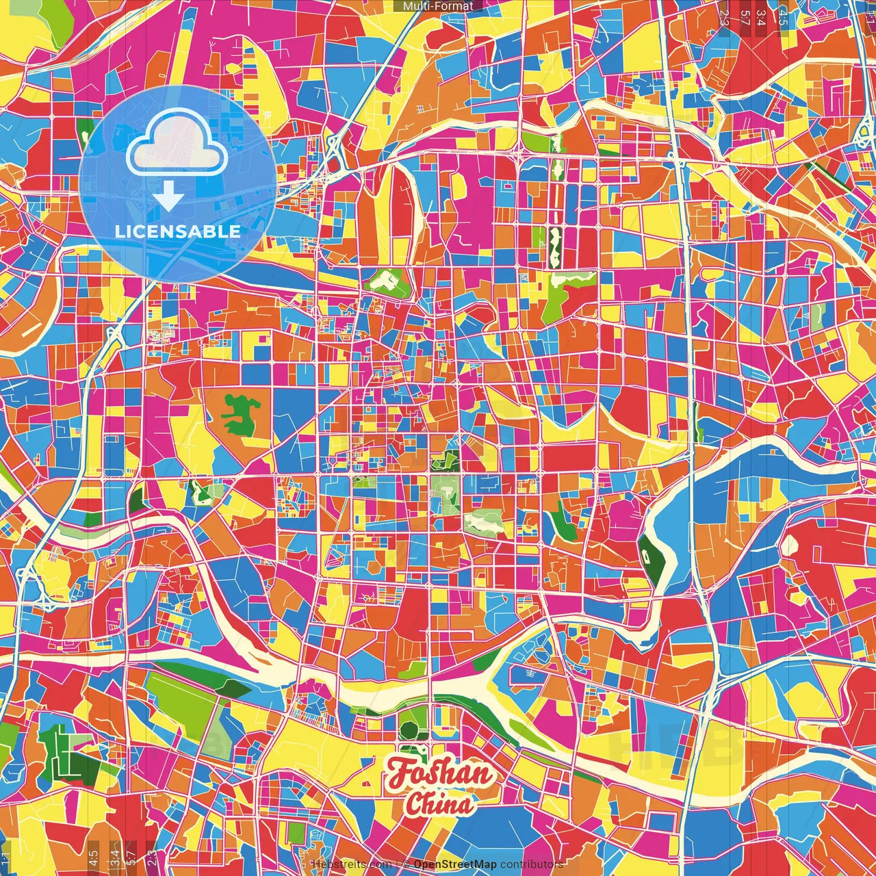 Foshan, Guangdong, China Crazy Colorful Street Map Poster Template