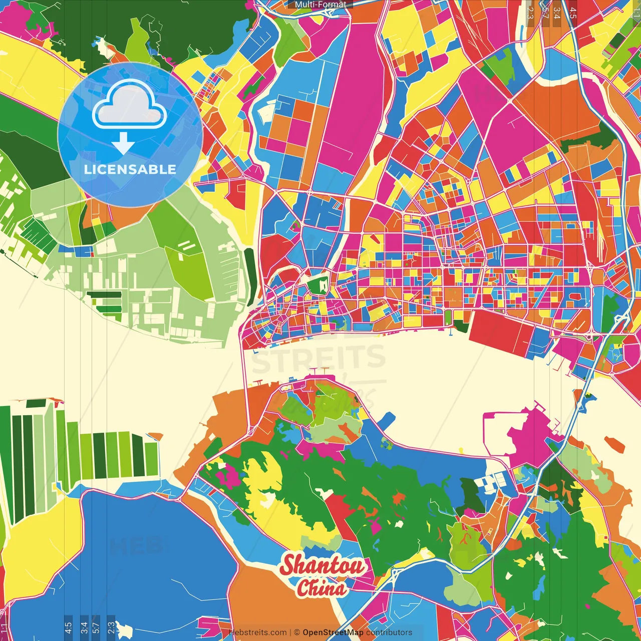 Shantou, Guangdong, China Crazy Colorful Street Map Poster Template