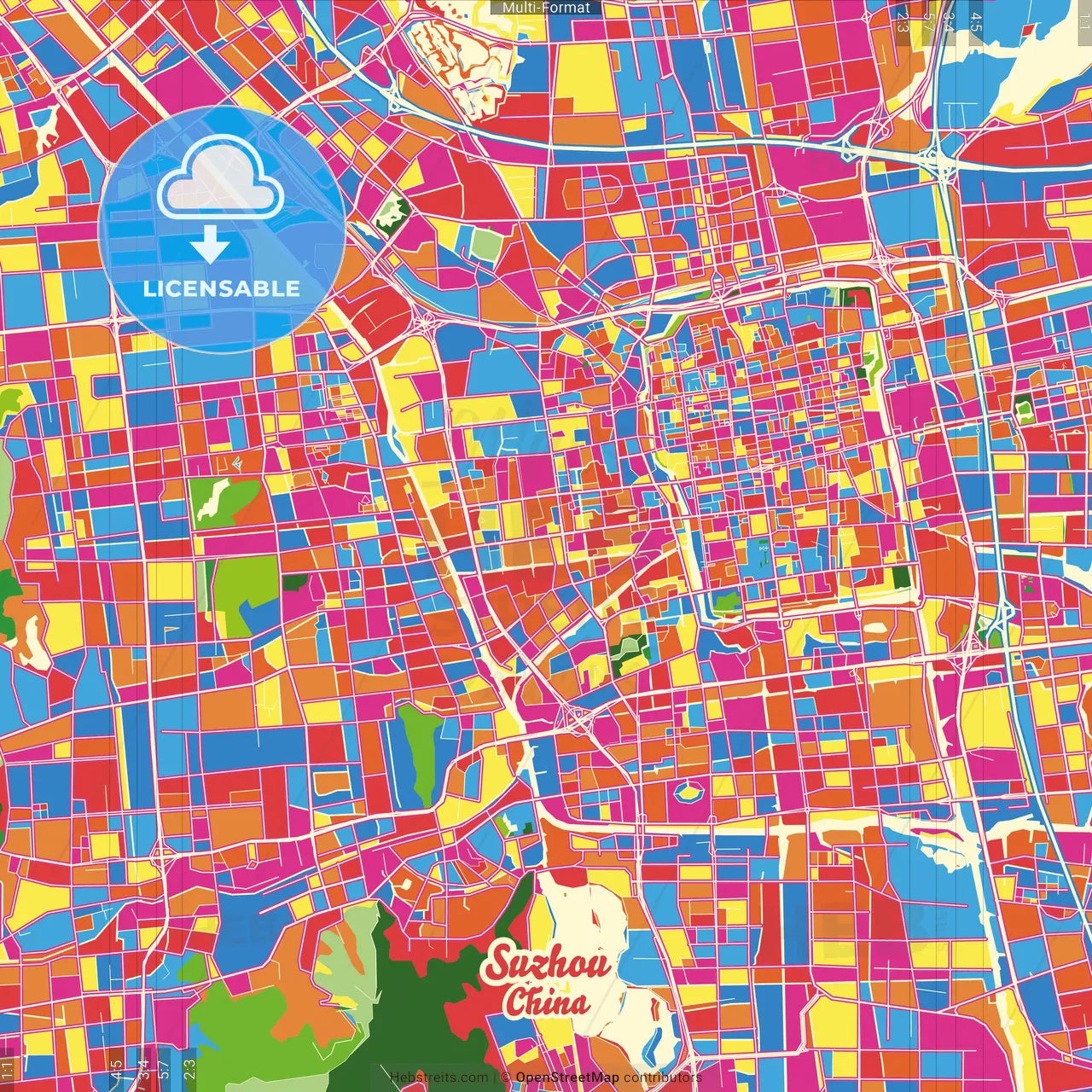 Suzhou, Jiangsu, China Crazy Colorful Street Map Poster Template