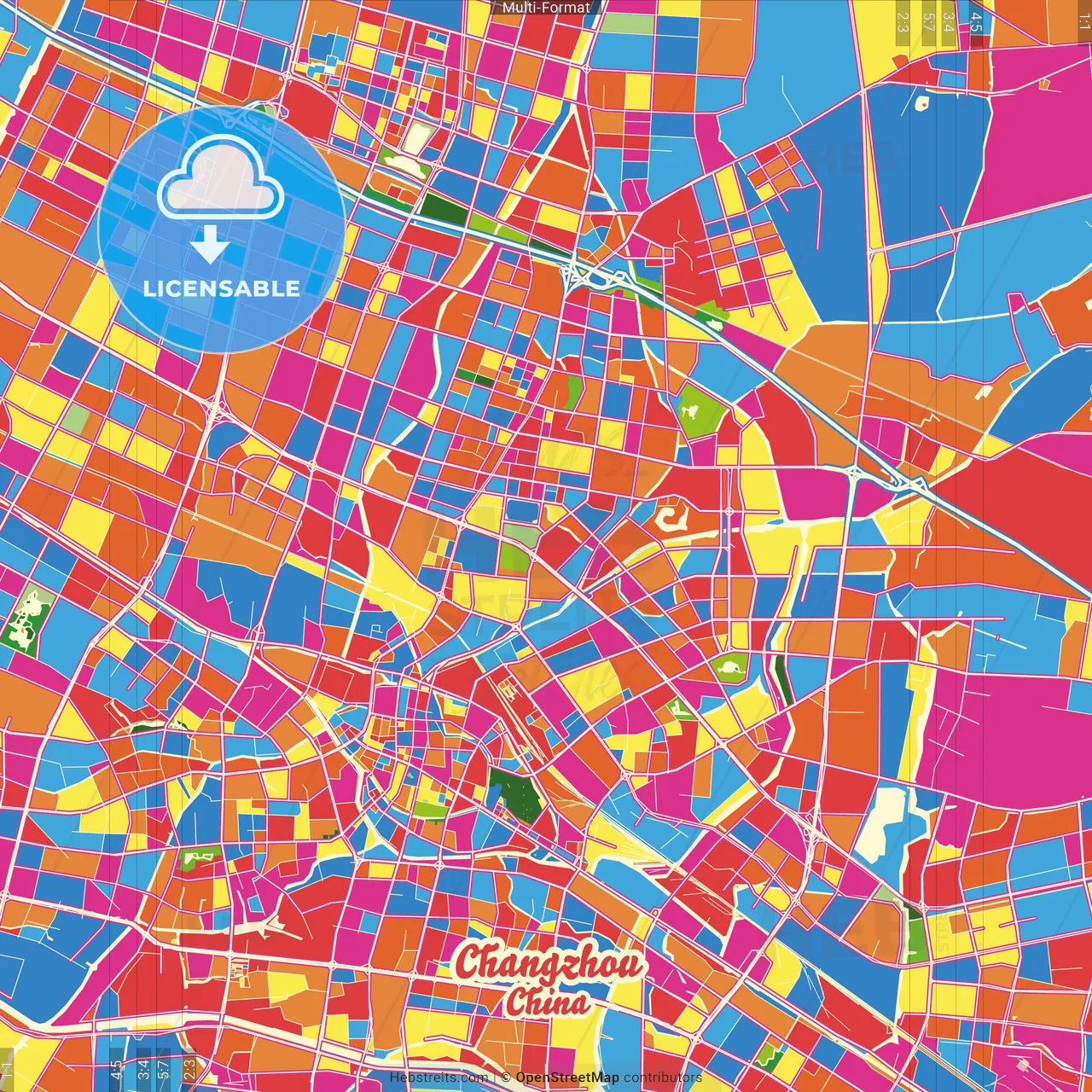 Changzhou, Jiangsu, China Crazy Colorful Street Map Poster Template