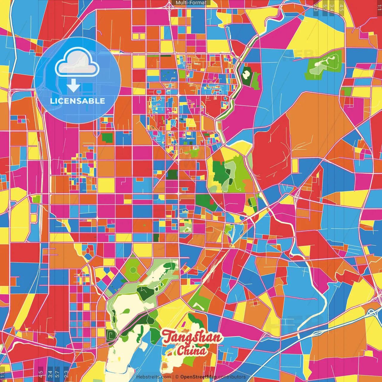 Tangshan, Hebei, China Crazy Colorful Street Map Poster Template