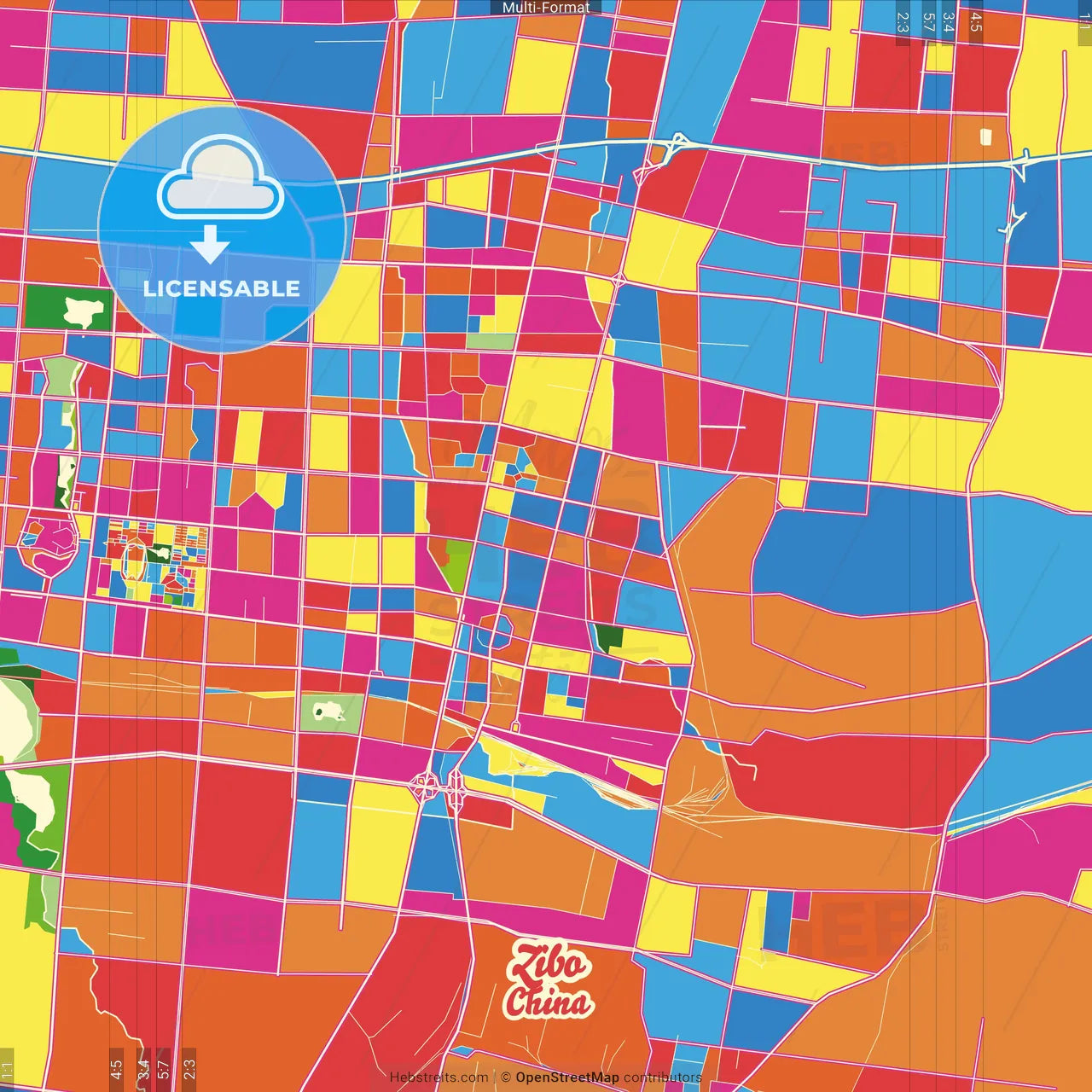 Zibo, Shandong, China Crazy Colorful Street Map Poster Template