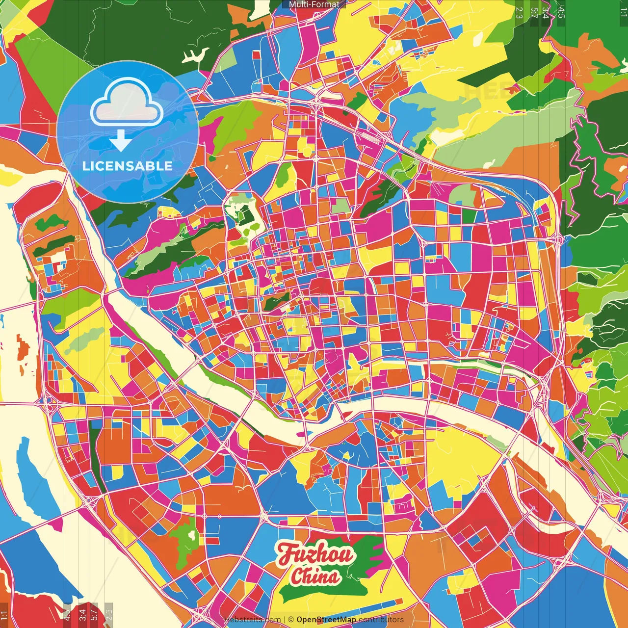 Fuzhou, Fujian, China Crazy Colorful Street Map Poster Template