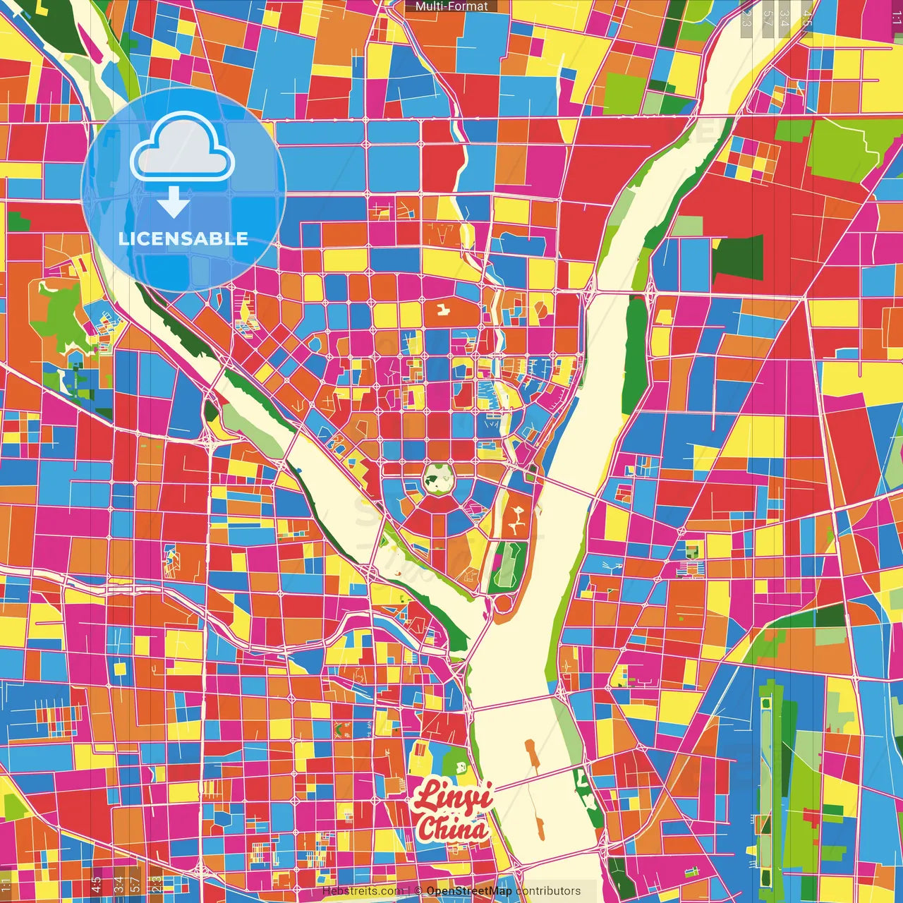 Linyi, Shandong, China Crazy Colorful Street Map Poster Template