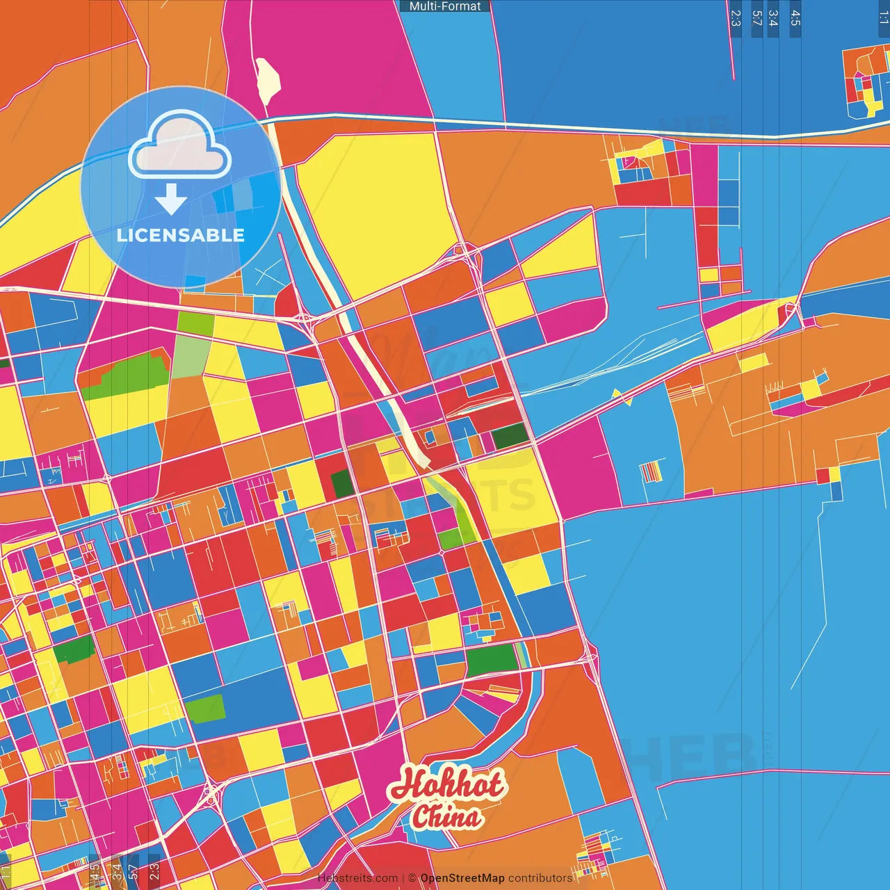 Hohhot, Inner Mongolia, China Crazy Colorful Street Map Poster Template