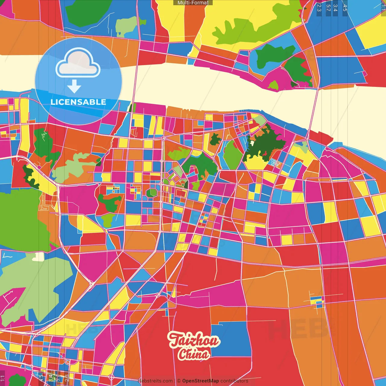 Taizhou, Zhejiang, China Crazy Colorful Street Map Poster Template
