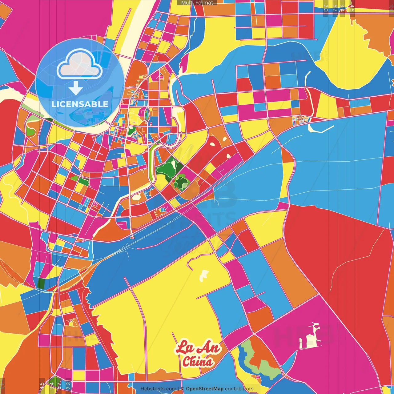 Lu an, Anhui, China Crazy Colorful Street Map Poster Template