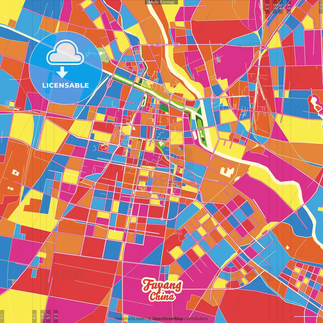 Fuyang, Anhui, China Crazy Colorful Street Map Poster Template