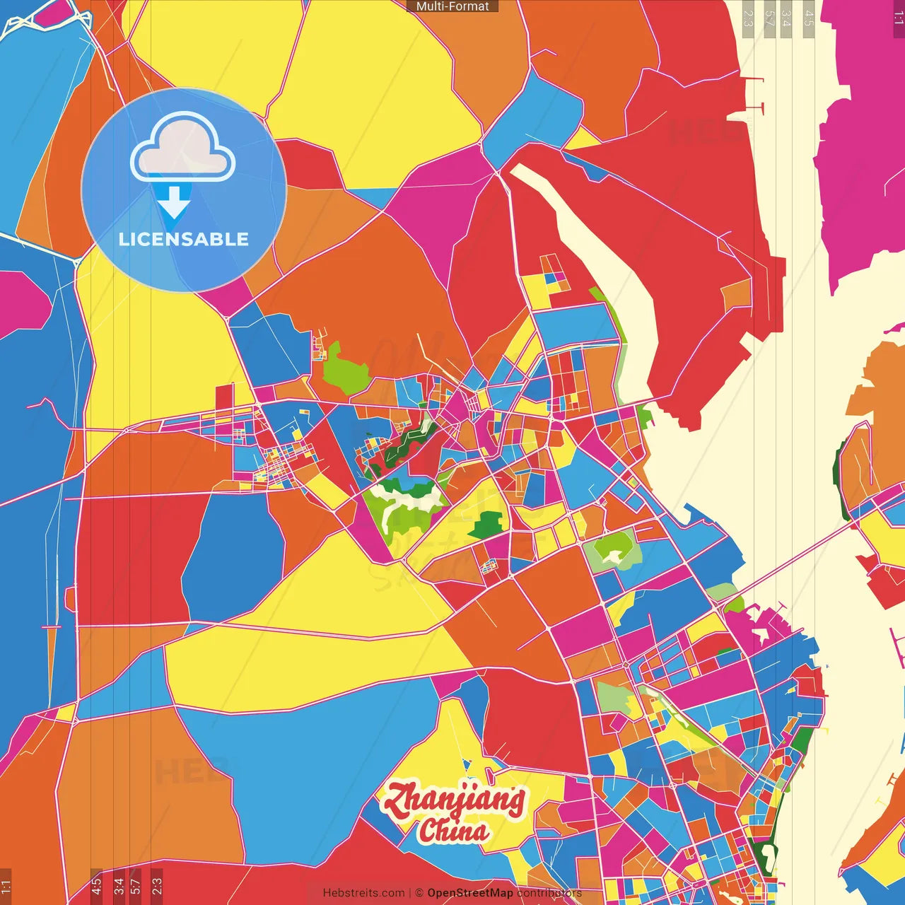 Zhanjiang, Guangdong, China Crazy Colorful Street Map Poster Template