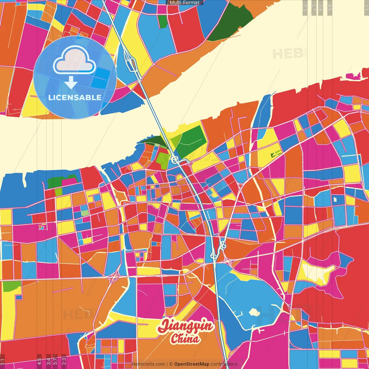 Jiangyin, Jiangsu, China Crazy Colorful Street Map Poster Template