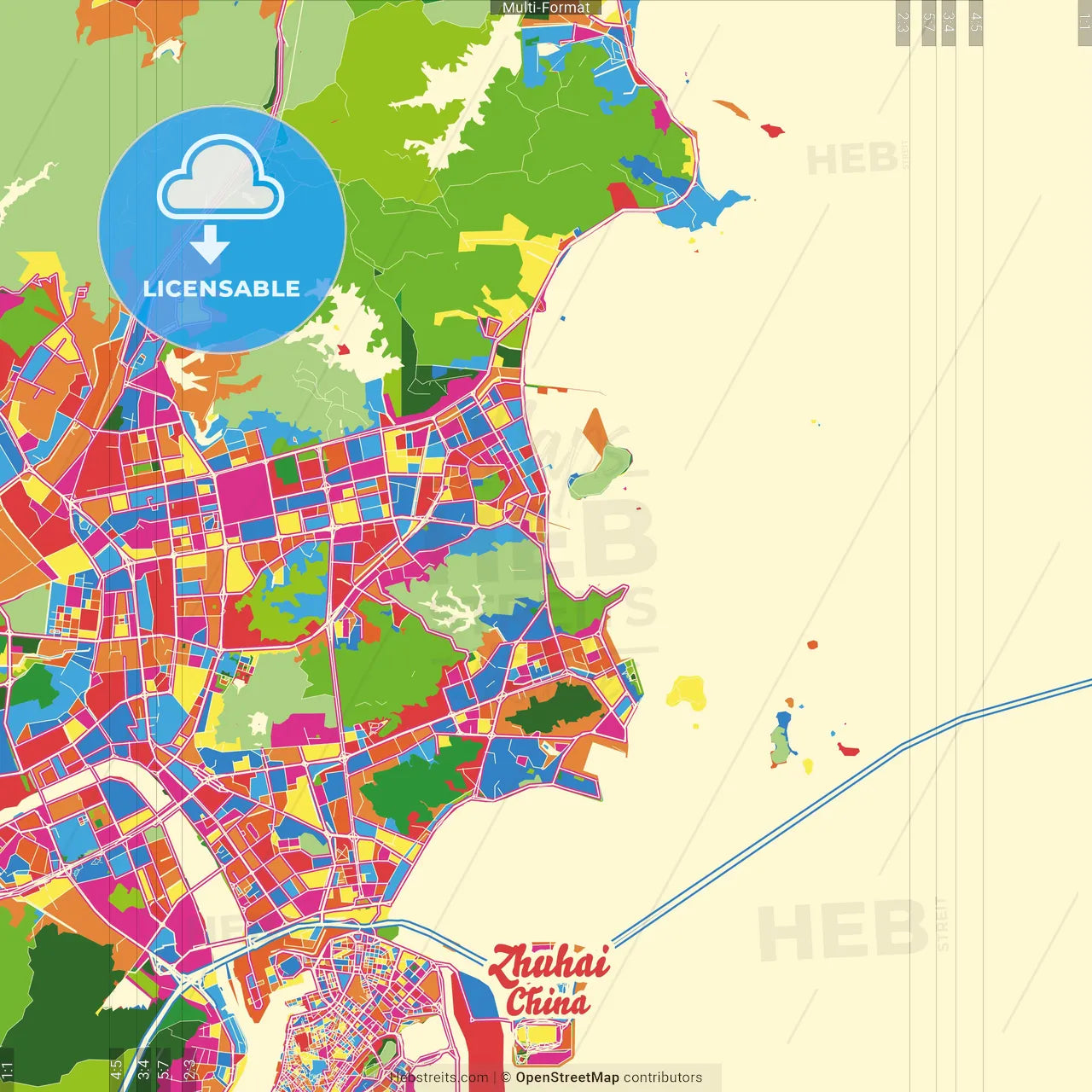 Zhuhai, Guangdong, China Crazy Colorful Street Map Poster Template