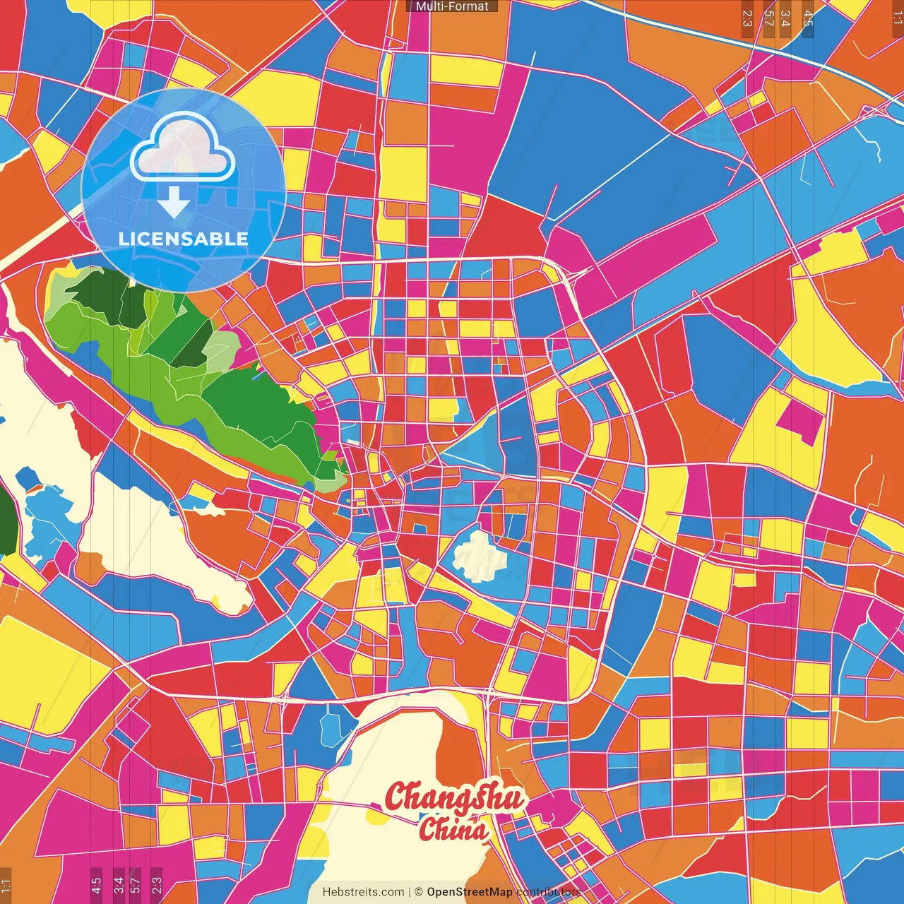 Changshu, Jiangsu, China Crazy Colorful Street Map Poster Template