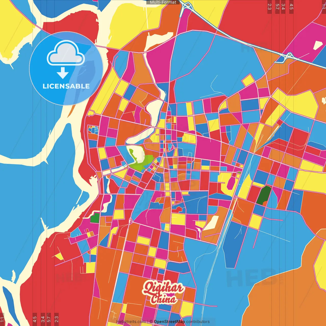 Qiqihar, Heilongjiang, China Crazy Colorful Street Map Poster Template