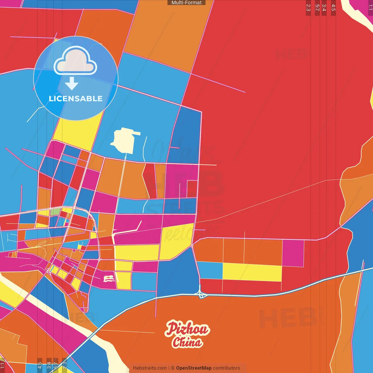 Pizhou, Jiangsu, China Crazy Colorful Street Map Poster Template