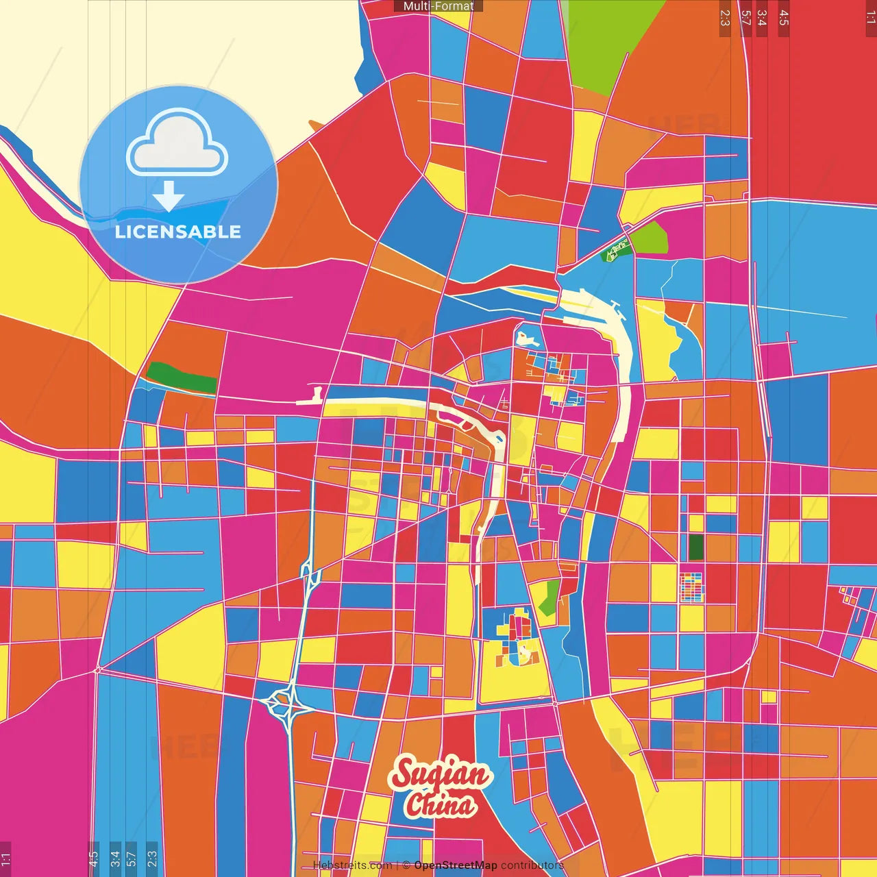 Suqian, Jiangsu, China Crazy Colorful Street Map Poster Template