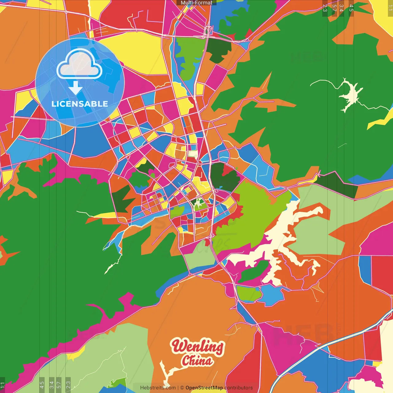 Wenling, Zhejiang, China Crazy Colorful Street Map Poster Template