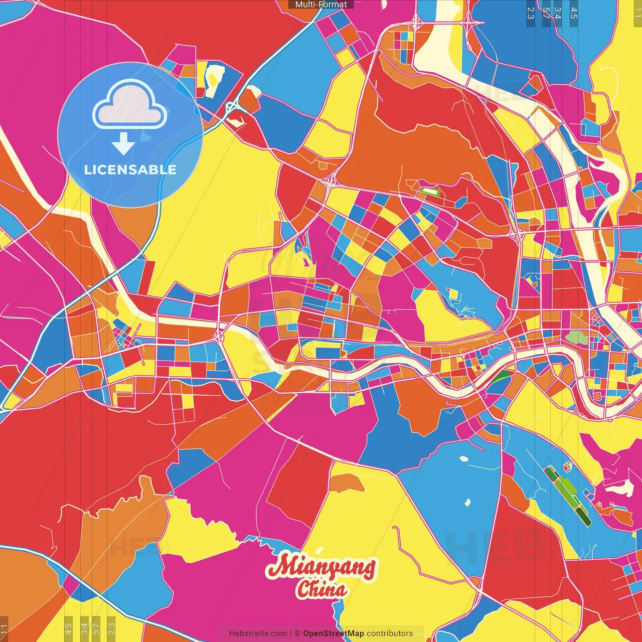 Mianyang, Sichuan, China Crazy Colorful Street Map Poster Template