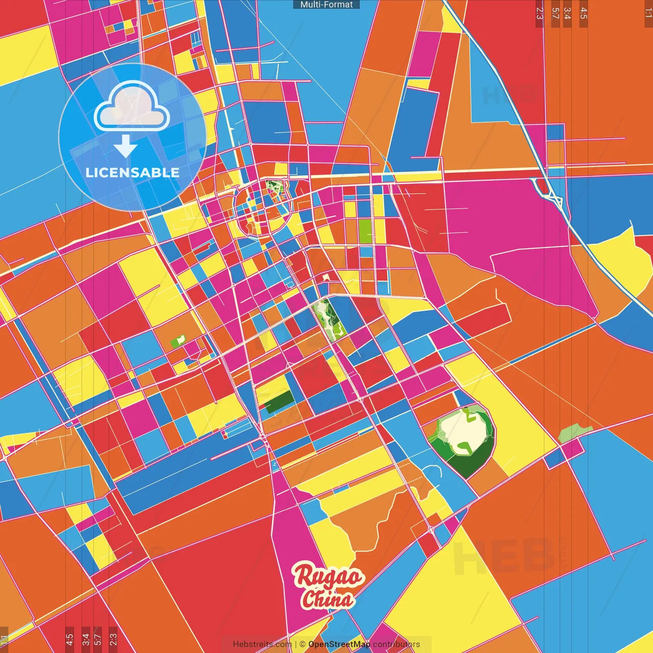 Rugao, Jiangsu, China Crazy Colorful Street Map Poster Template