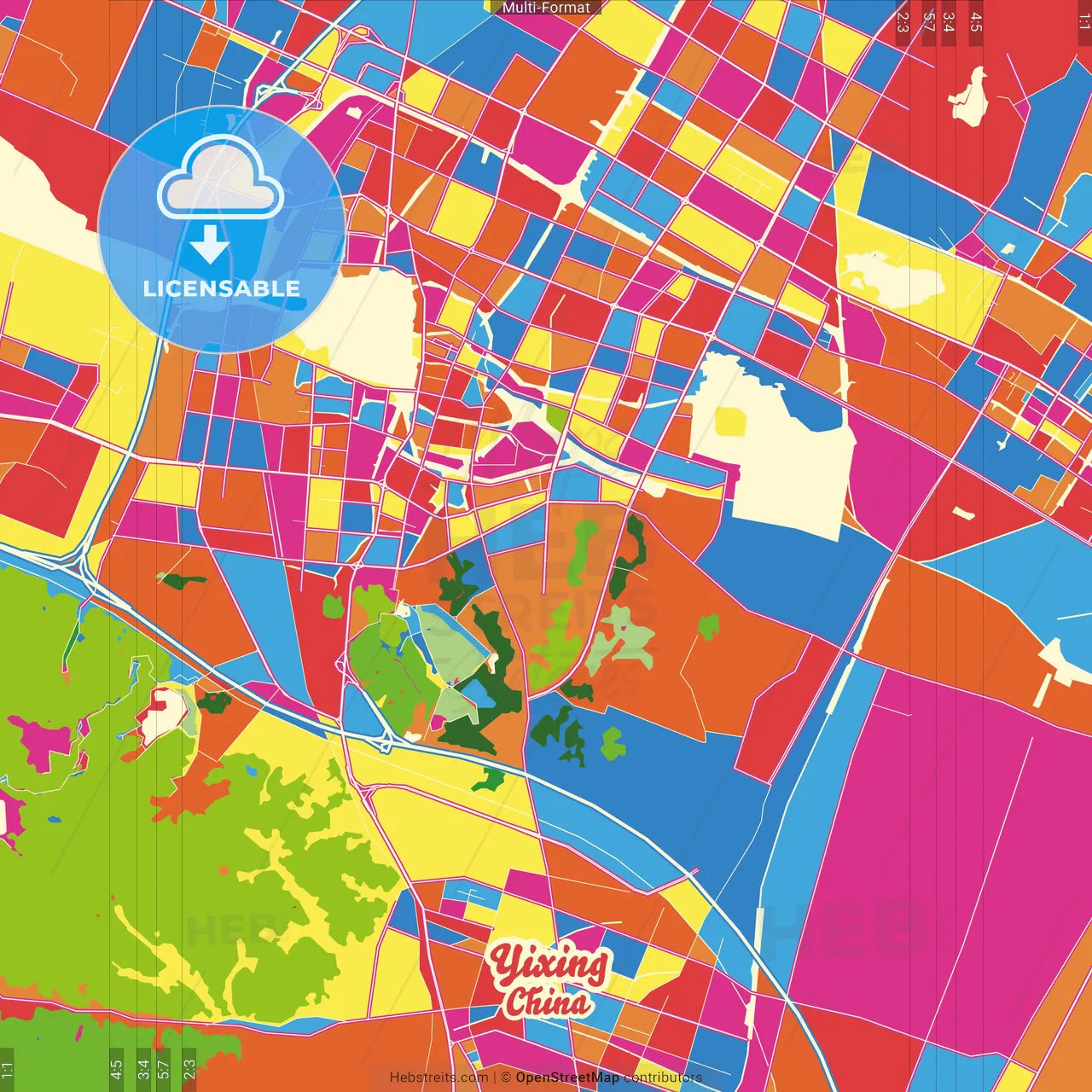 Yixing, Jiangsu, China Crazy Colorful Street Map Poster Template