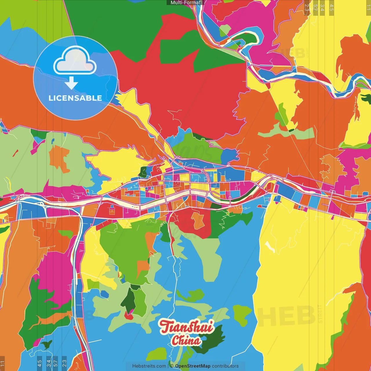 Tianshui, Gansu, China Crazy Colorful Street Map Poster Template