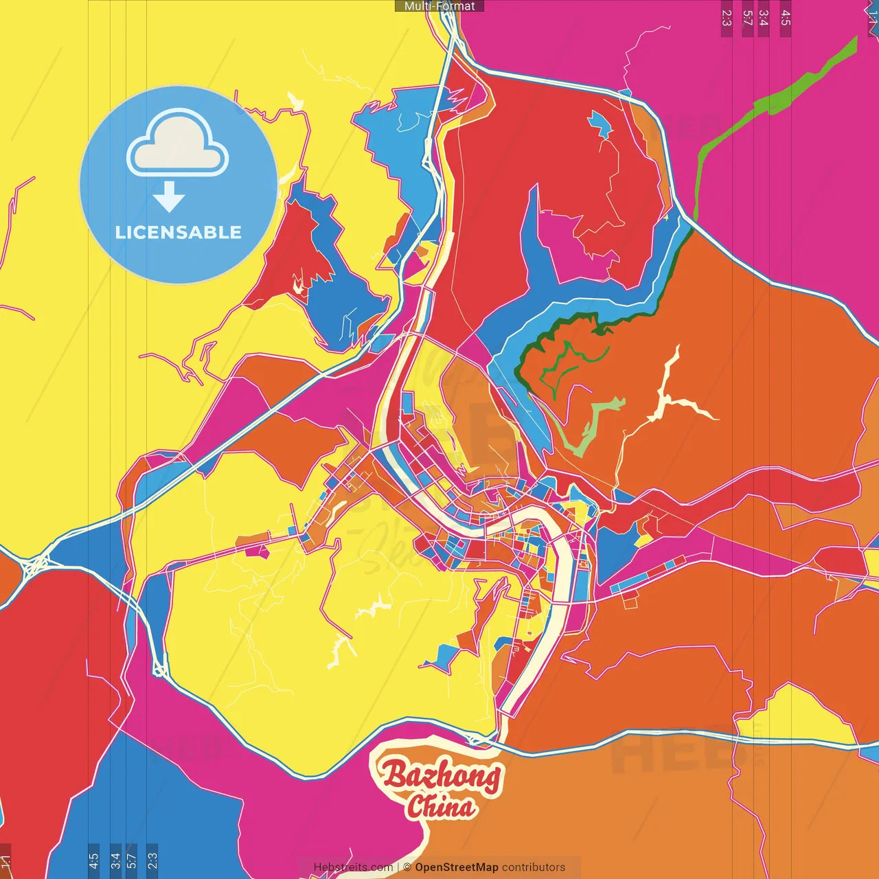 Bazhong, Sichuan, China Crazy Colorful Street Map Poster Template