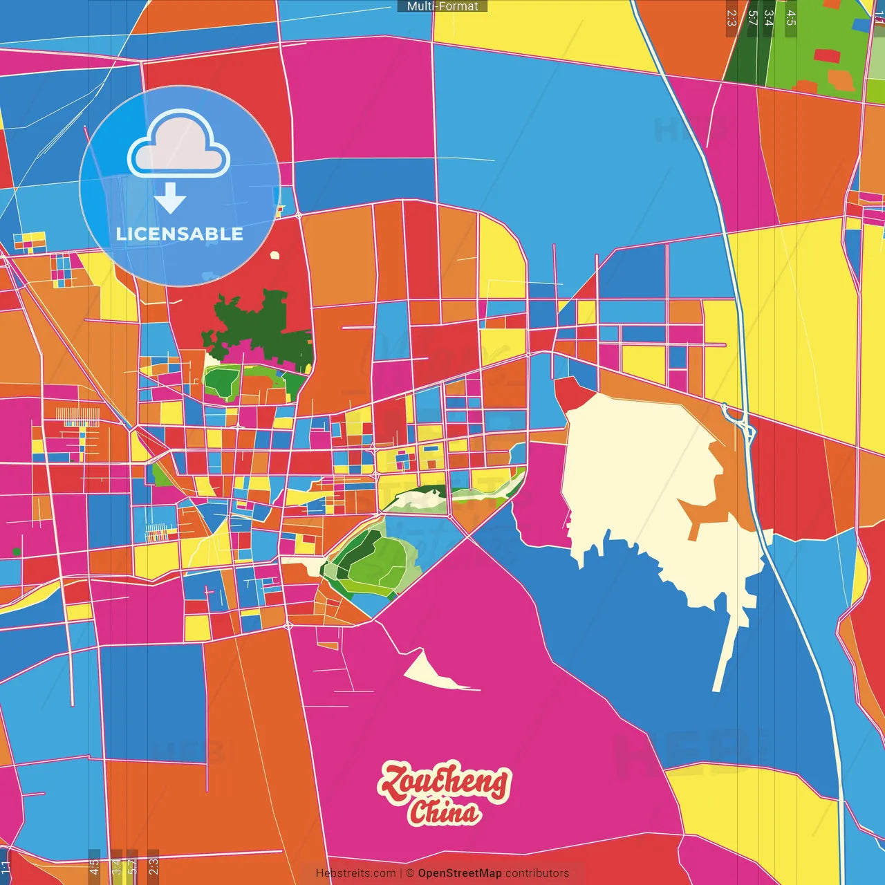 Zoucheng, Shandong, China Crazy Colorful Street Map Poster Template