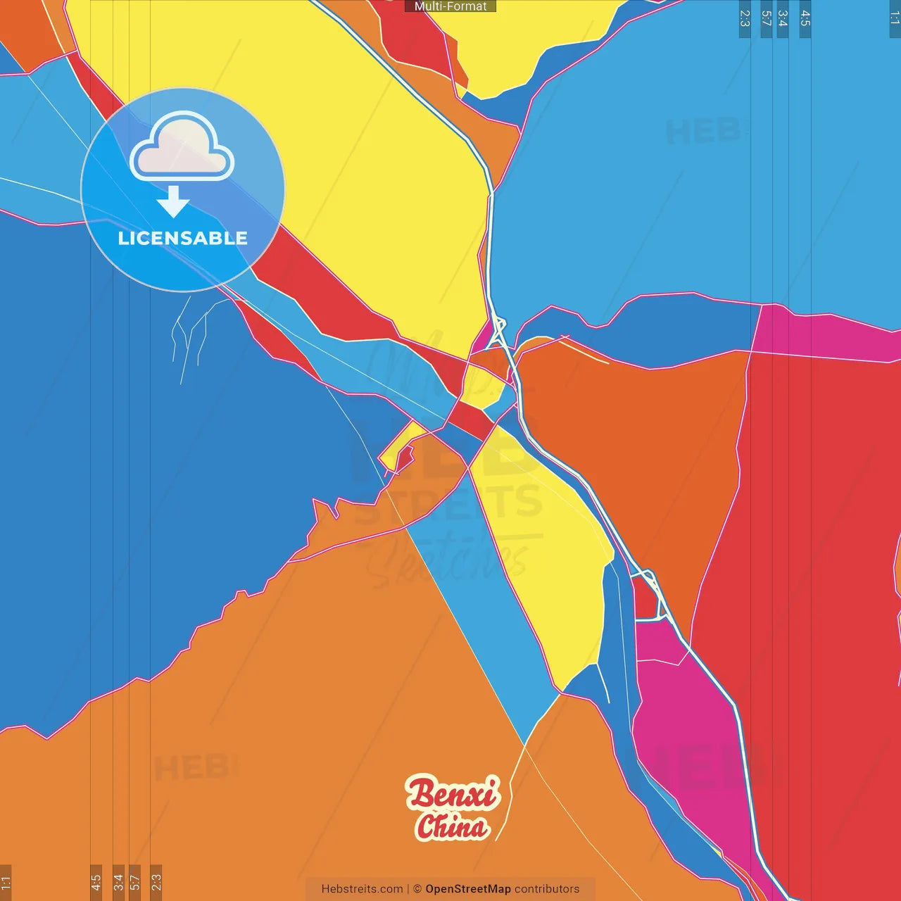 Benxi, Liaoning, China Crazy Colorful Street Map Poster Template