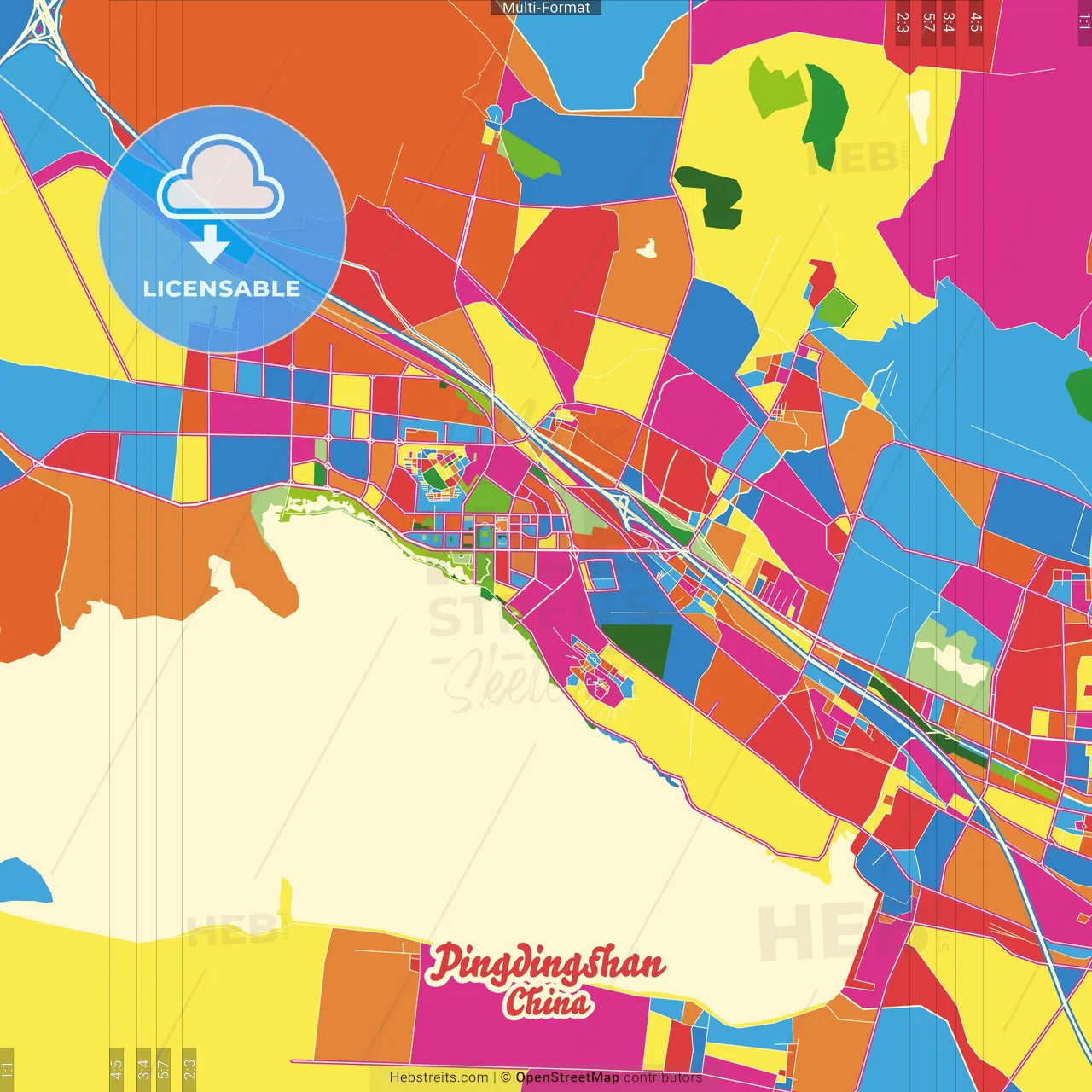 Pingdingshan, Henan, China Crazy Colorful Street Map Poster Template