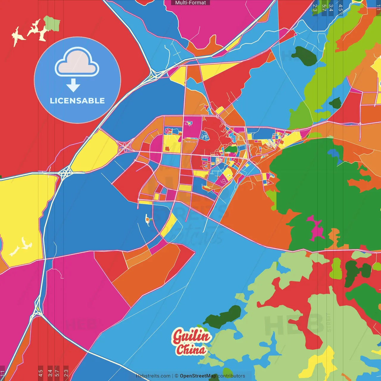 Guilin, Guangxi, China Crazy Colorful Street Map Poster Template