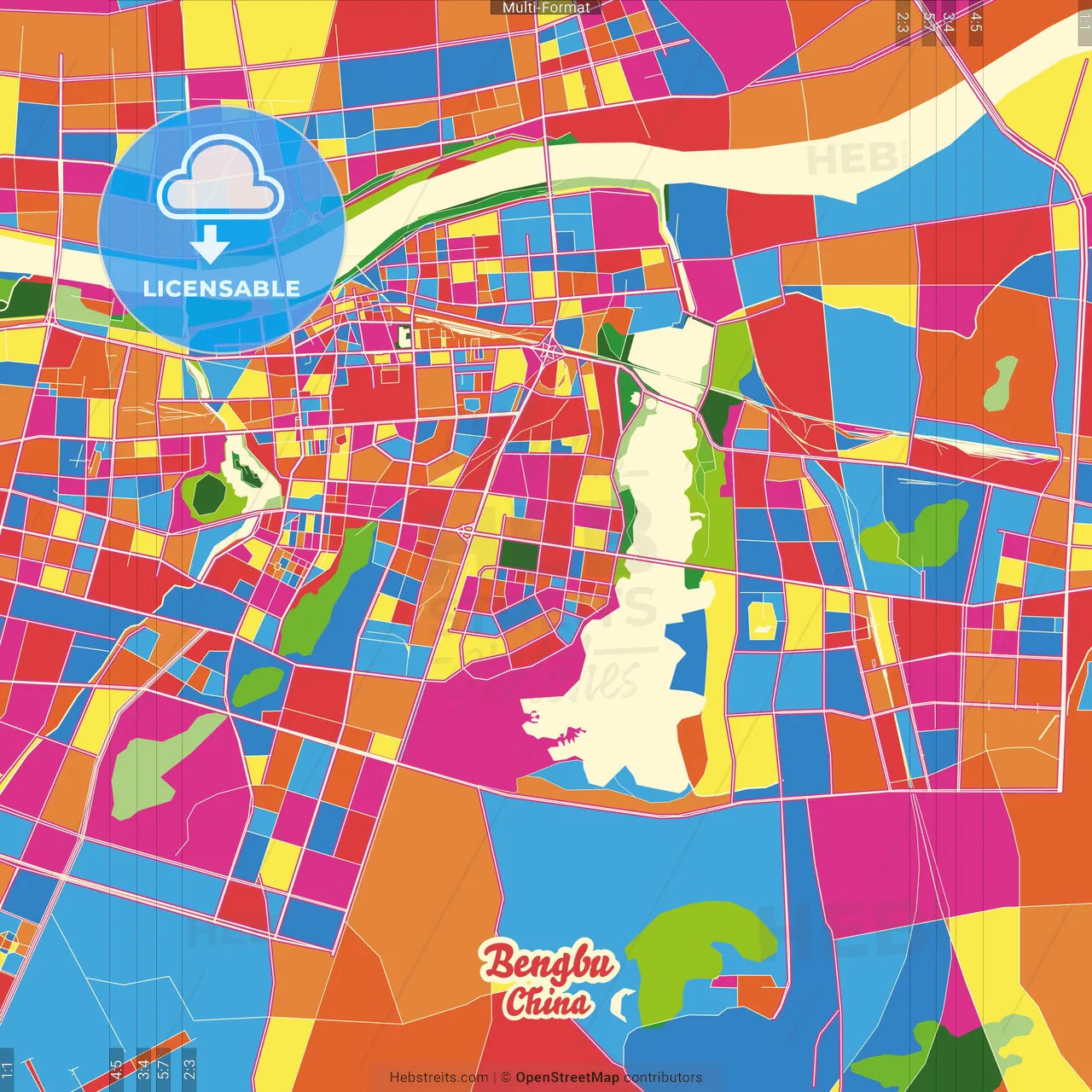Bengbu, Anhui, China Crazy Colorful Street Map Poster Template