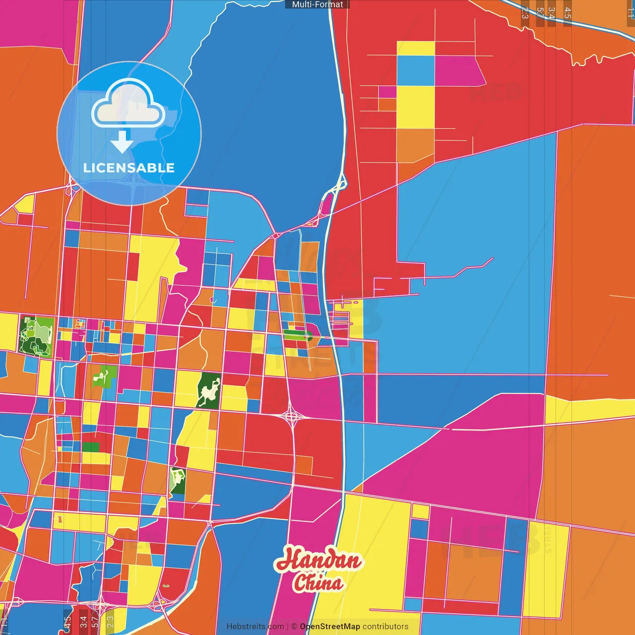 Handan, Hebei, China Crazy Colorful Street Map Poster Template