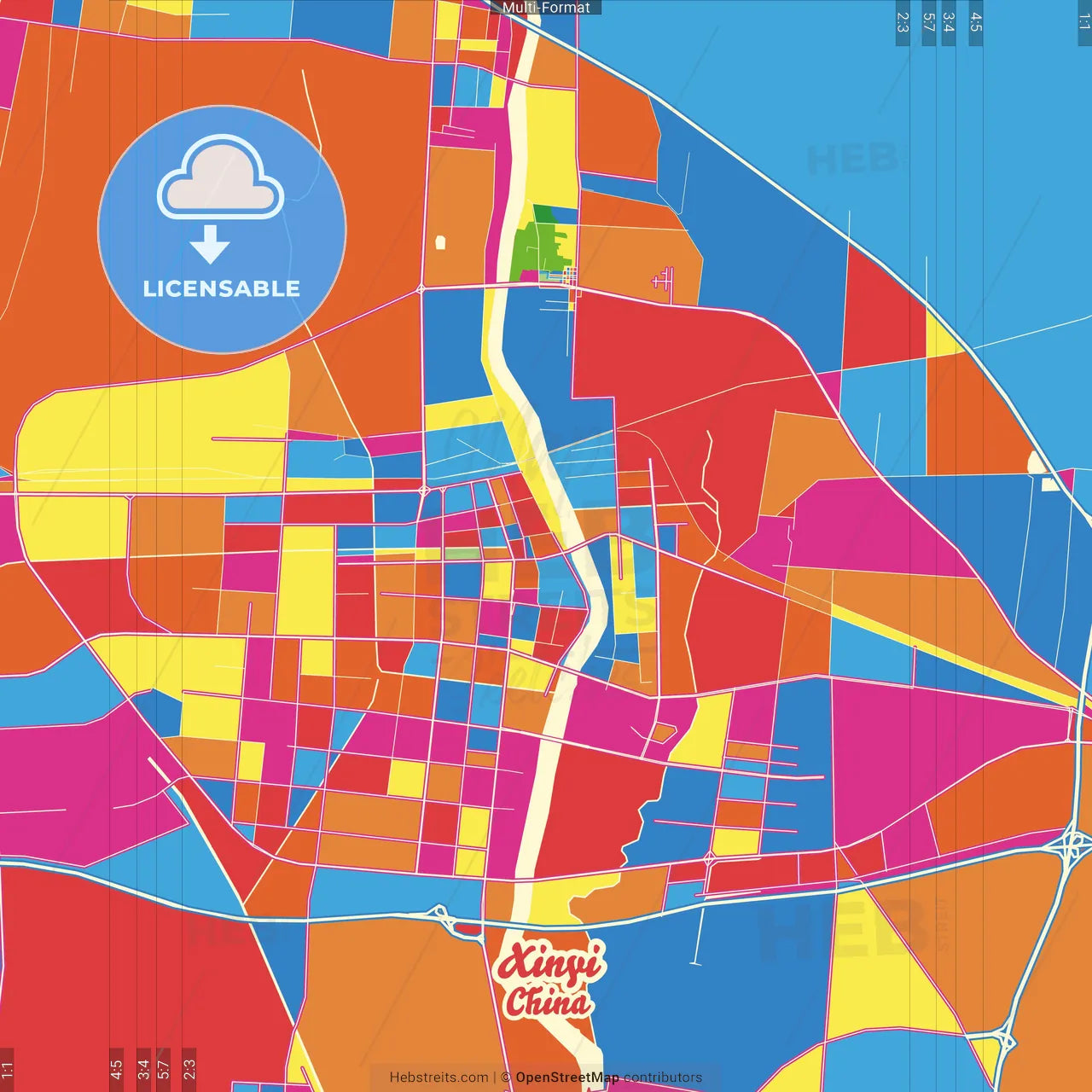 Xinyi, Jiangsu, China Crazy Colorful Street Map Poster Template