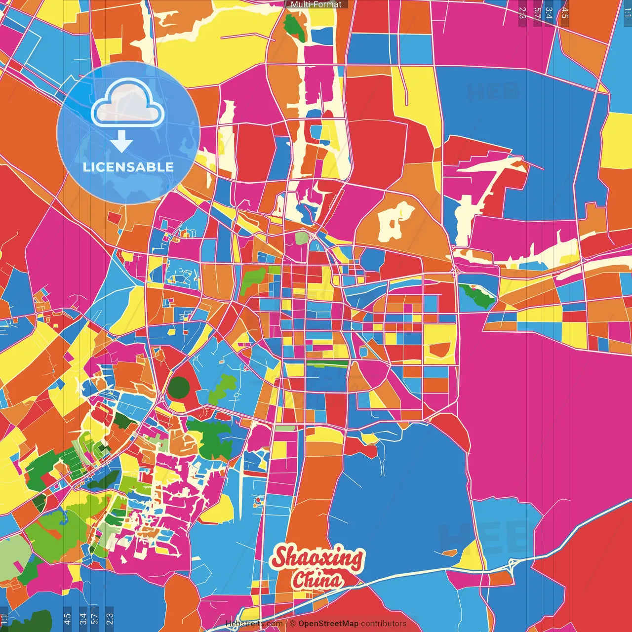 Shaoxing, Zhejiang, China Crazy Colorful Street Map Poster Template