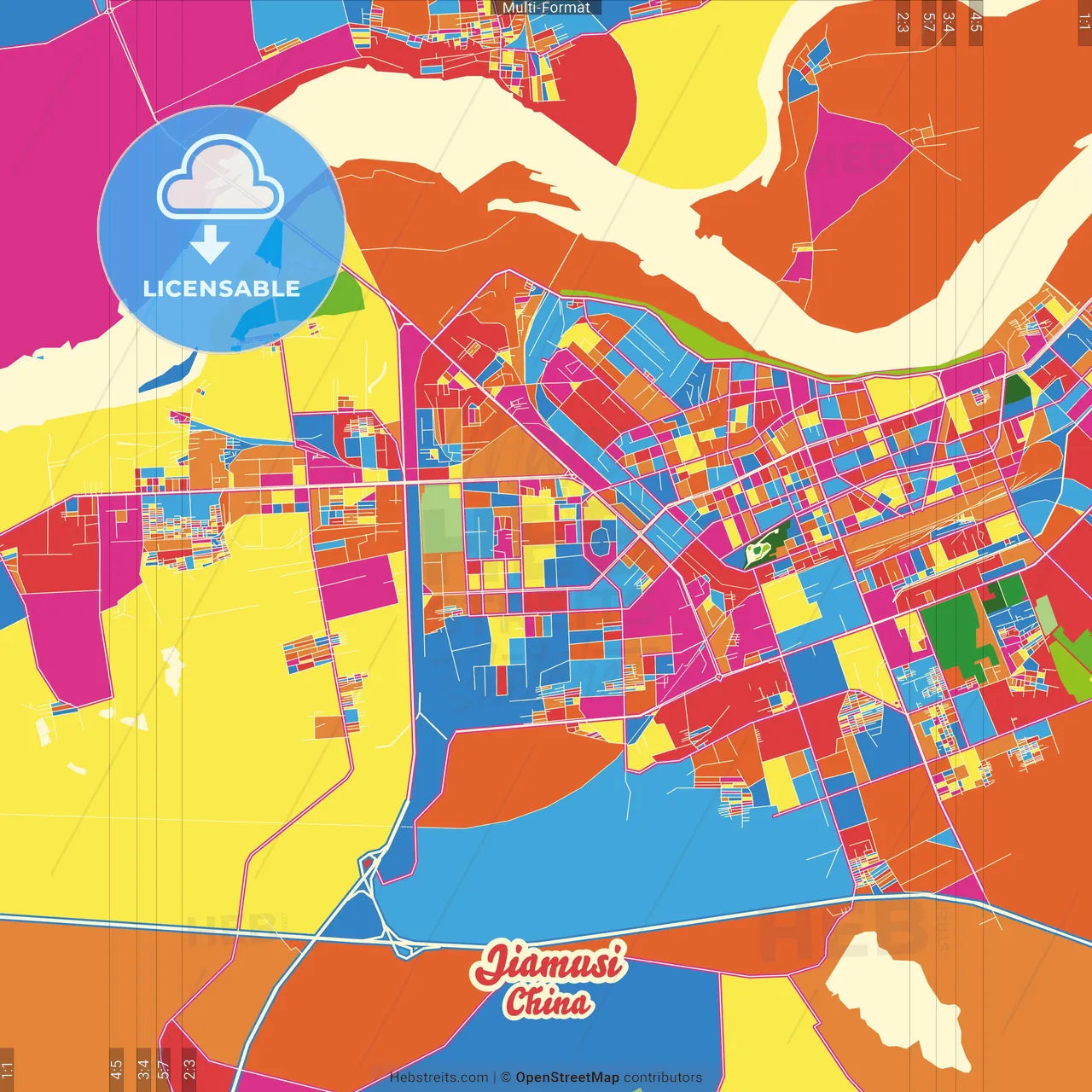 Jiamusi, Heilongjiang, China Crazy Colorful Street Map Poster Template