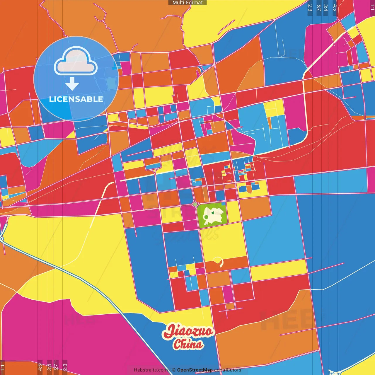 Jiaozuo, Henan, China Crazy Colorful Street Map Poster Template