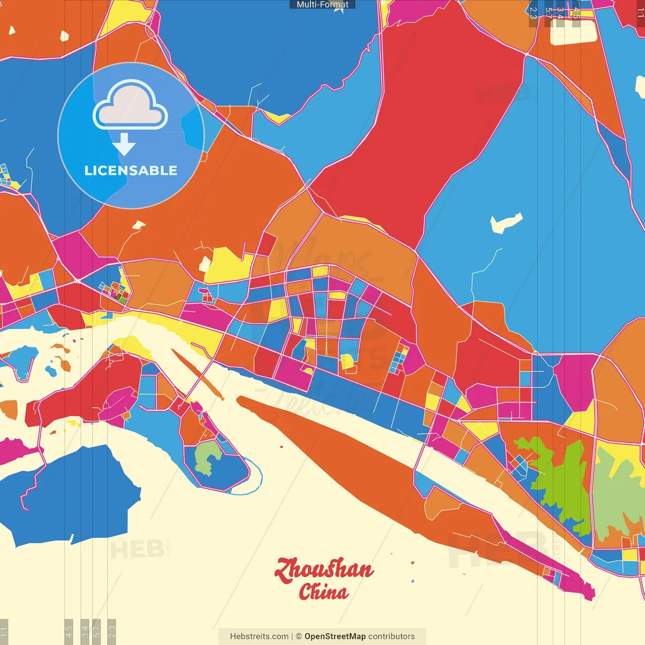 Zhoushan, Zhejiang, China Crazy Colorful Street Map Poster Template
