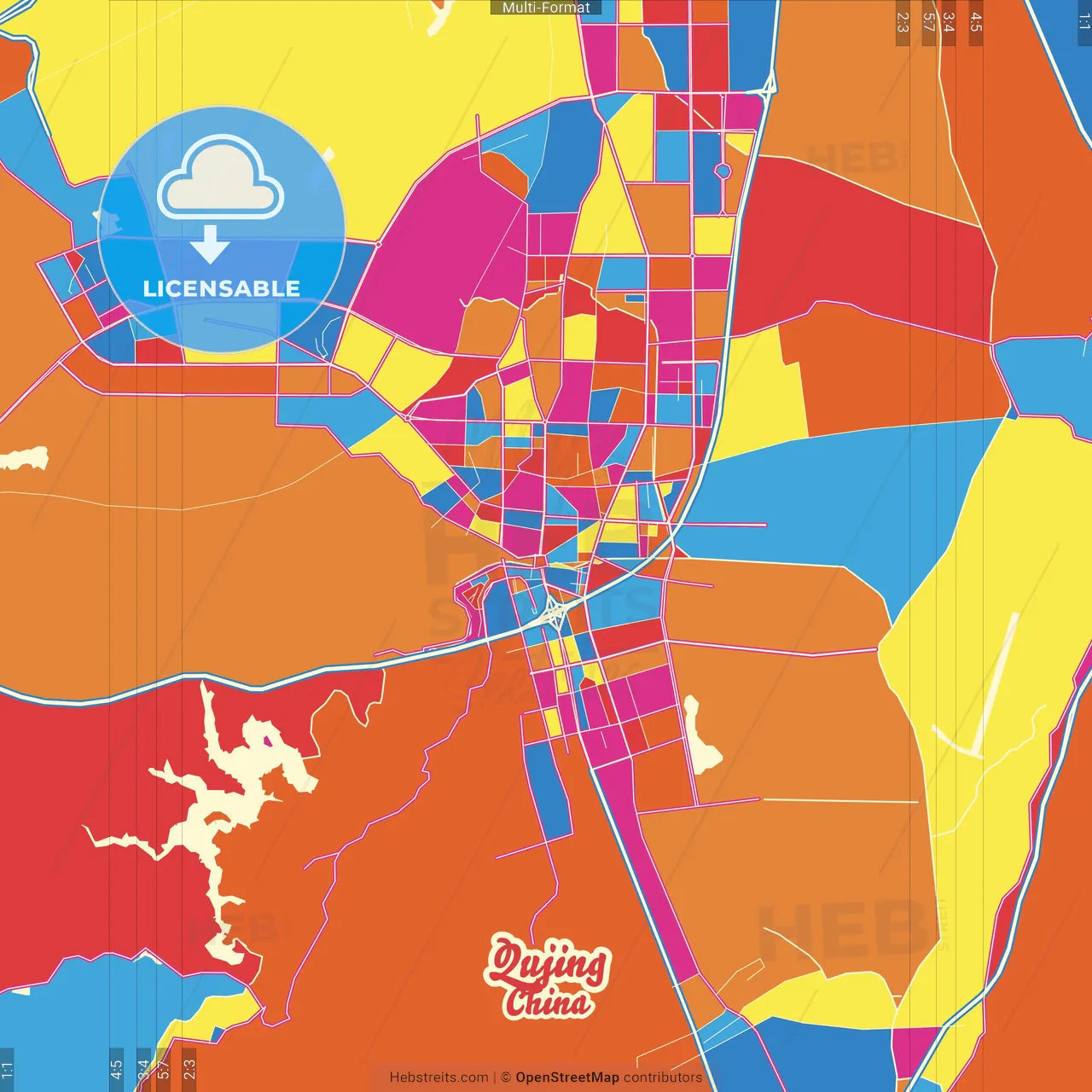 Qujing, Yunnan, China Crazy Colorful Street Map Poster Template