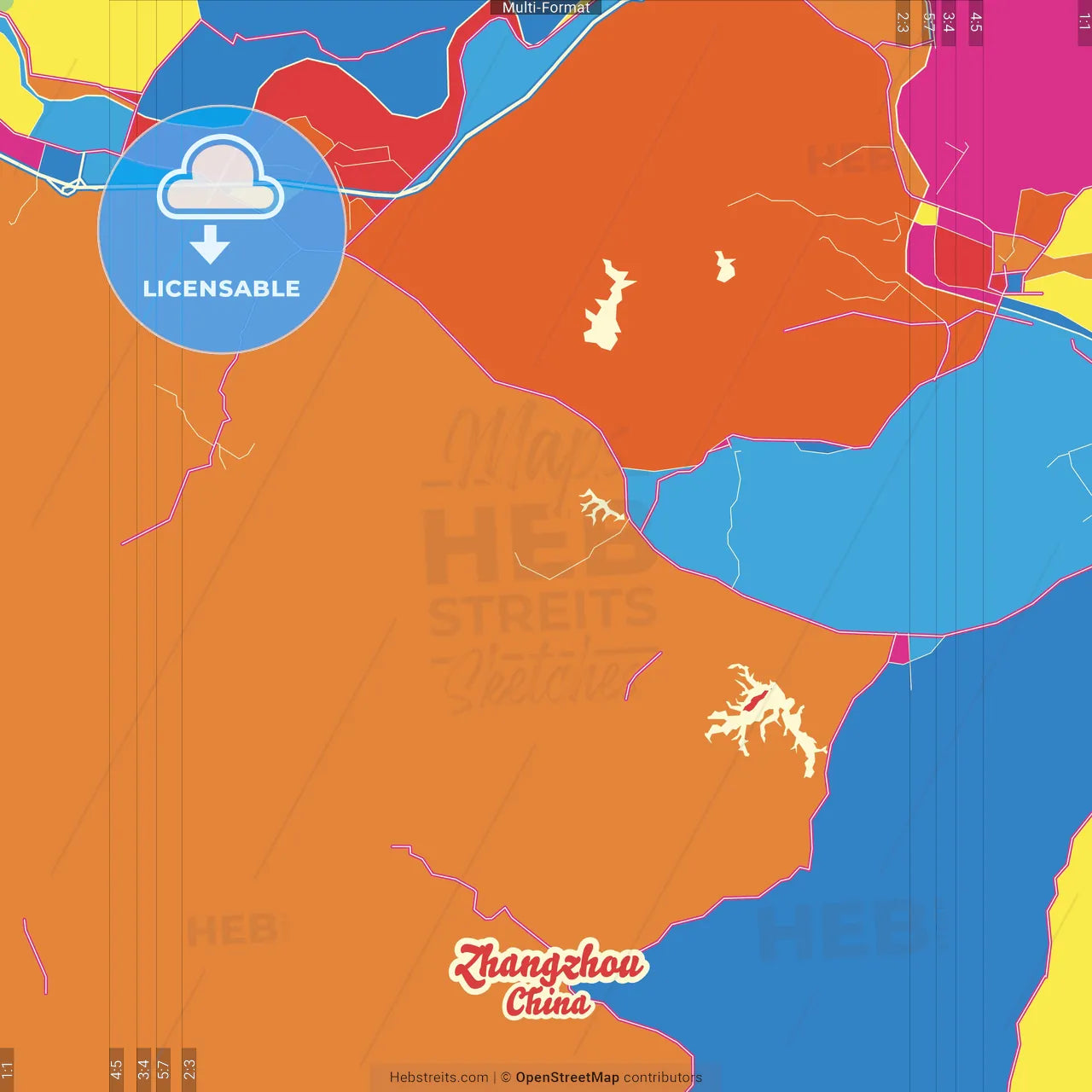 Zhangzhou, Guangdong, China Crazy Colorful Street Map Poster Template