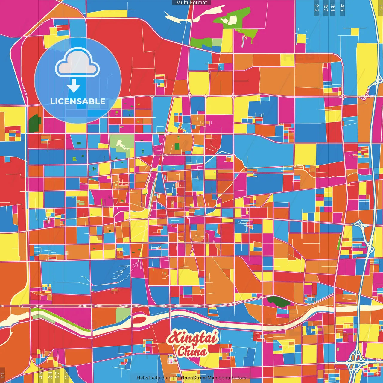 Xingtai, Hebei, China Crazy Colorful Street Map Poster Template