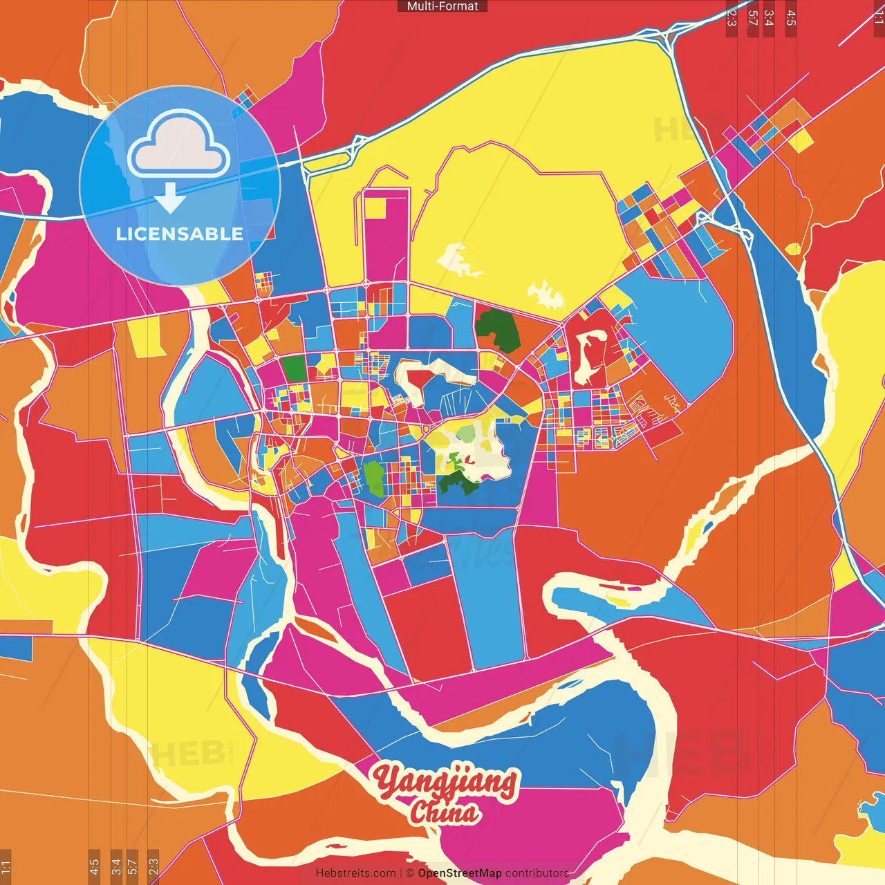 Yangjiang, Guangdong, China Crazy Colorful Street Map Poster Template
