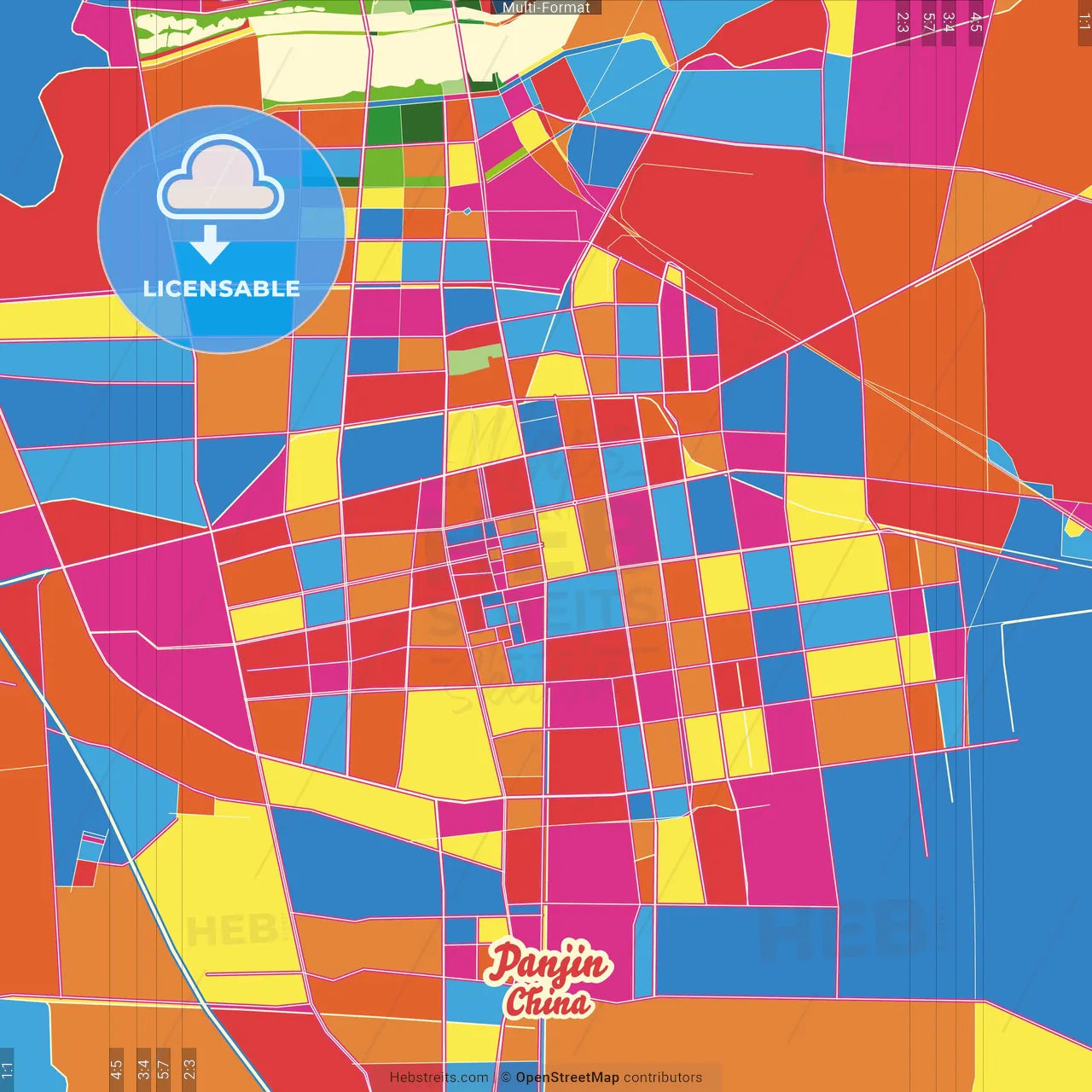 Panjin, Liaoning, China Crazy Colorful Street Map Poster Template